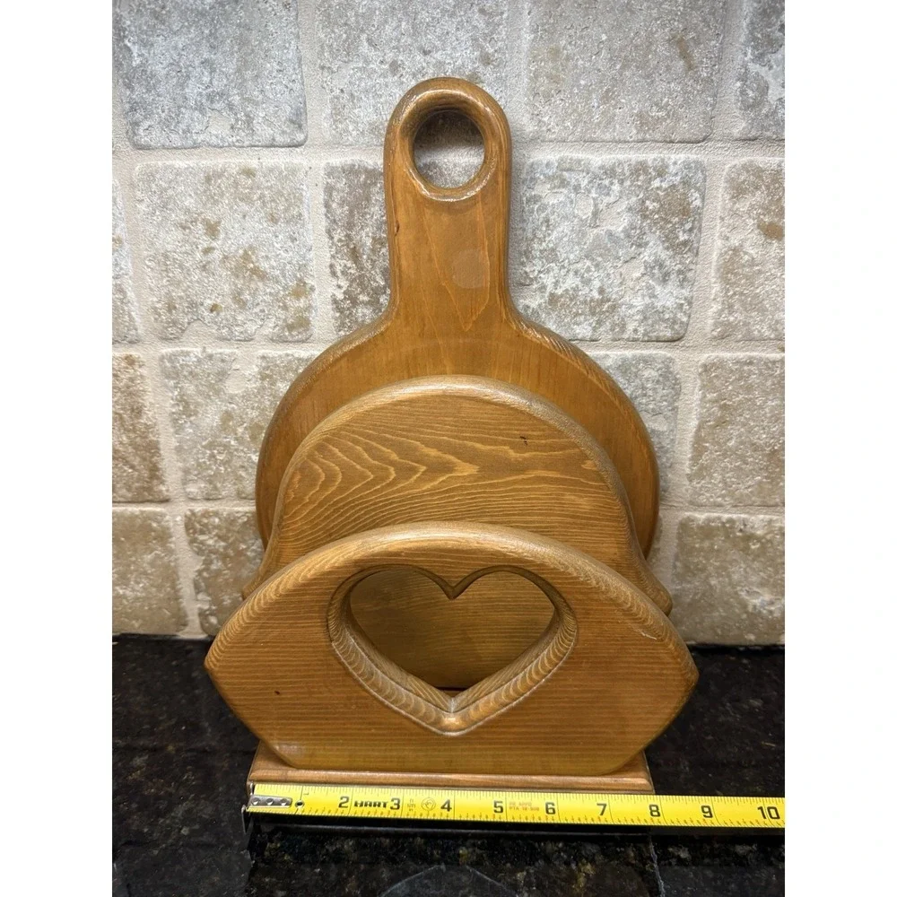 Vintage Wood Paper Plate Napkin Holder Heart Cut Out Hanging or Countertop